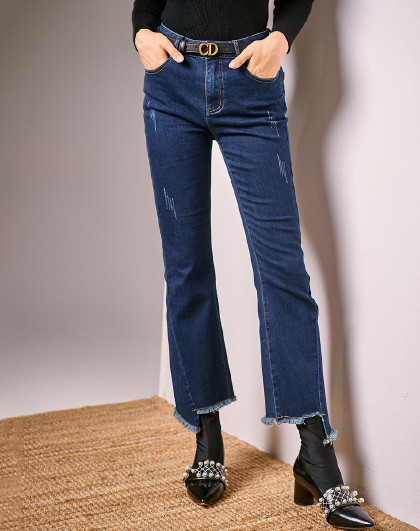 裂帛春季新款舒适中腰拼接直筒百搭少女韩版毛边牛仔裤女