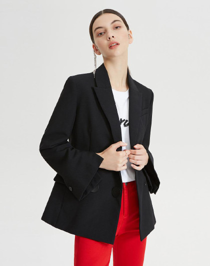 ochirly欧时力秋装蕾丝花边中长精纺呢西装外套女1gy1341740