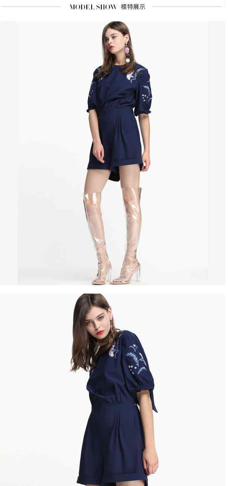 ochirly欧时力春装刺绣开叉收腰阔腿短裤连体裤女1gz1069150