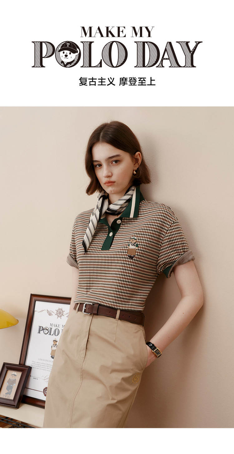 小熊格子撞色条纹提花polo衫宽松韩版女夏款