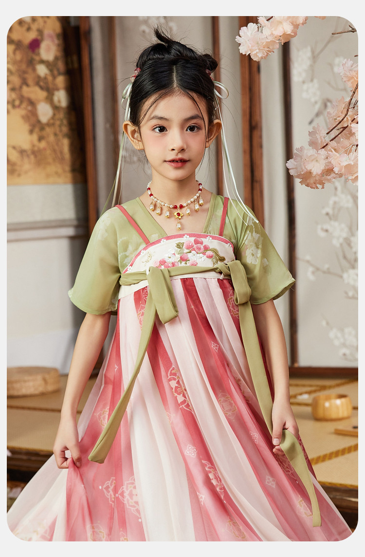 女童表演裙子夏季儿童国风新中式雪纺绣花连衣裙中大童公主裙