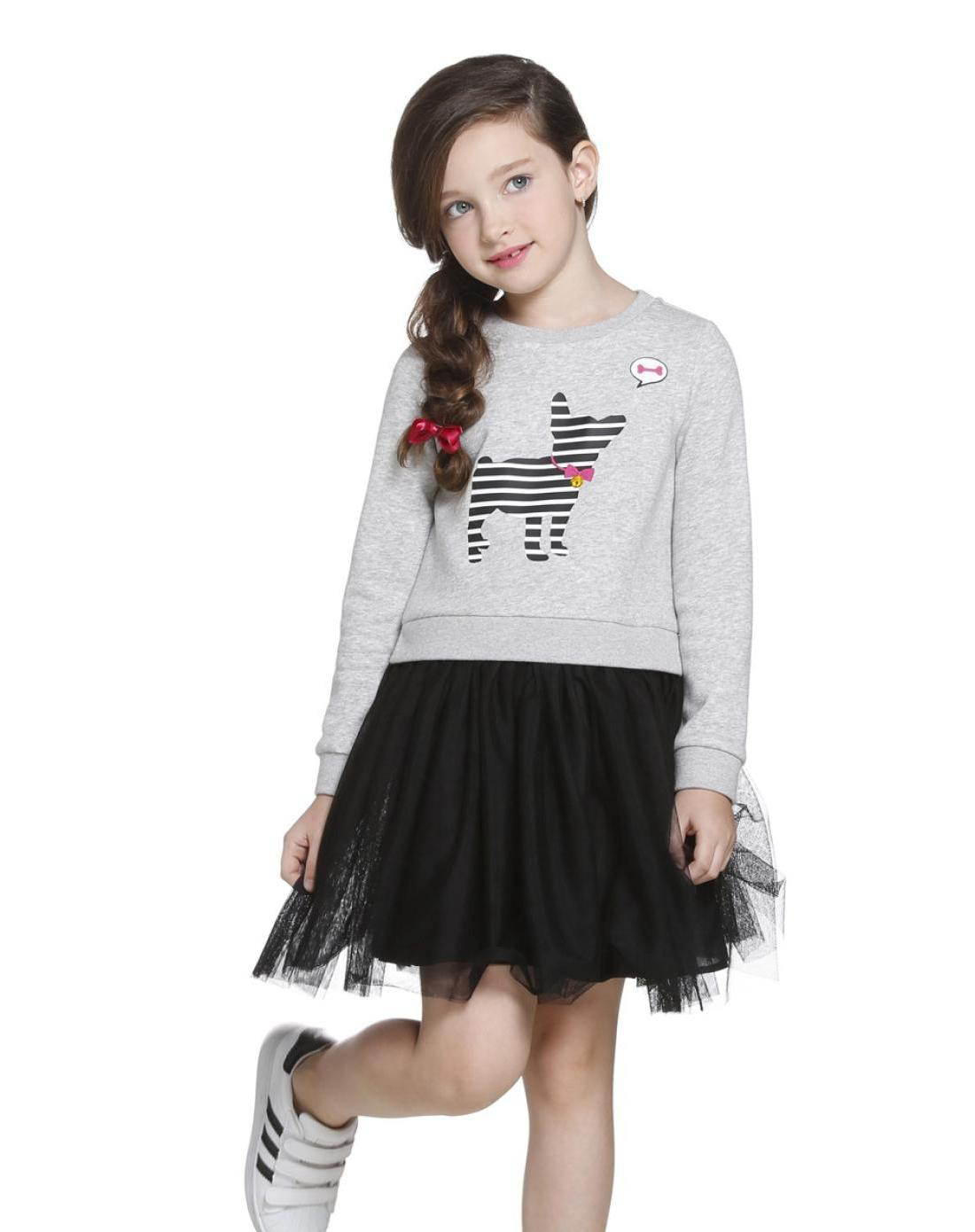 ochirly kids欧时力童装女童拼接假两件长袖连衣裙2016新款拼接假两件