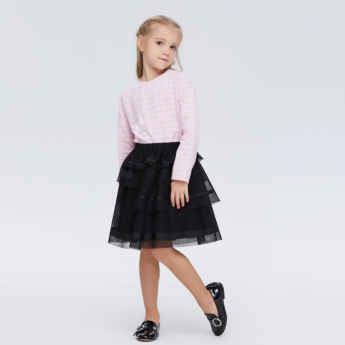 ochirly kids欧时力童装女童2019新款卡通胶印条纹长袖t恤