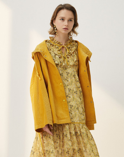 菀草壹wcy2020春装新款灯芯绒休闲宽松上衣复古百搭连帽短外套女