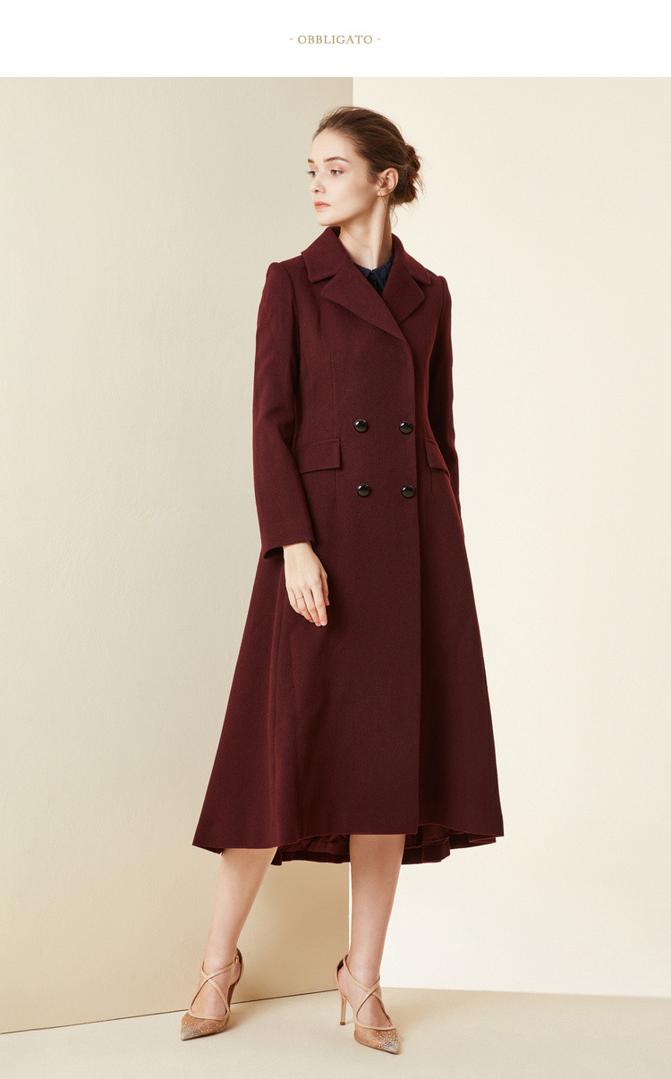 奥丽嘉朵酒红西装版修身收腰长款大衣女1c69580080