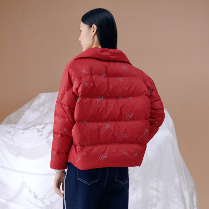 珂思商场同款2023冬新款红色短款鹅绒羽绒服女保暖通勤外套