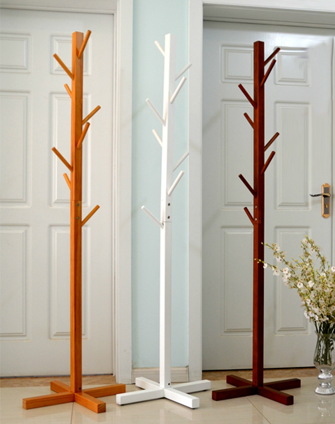 jiayi实木衣帽架落地挂衣架树枝形状玄关衣架室内衣架三色可选
