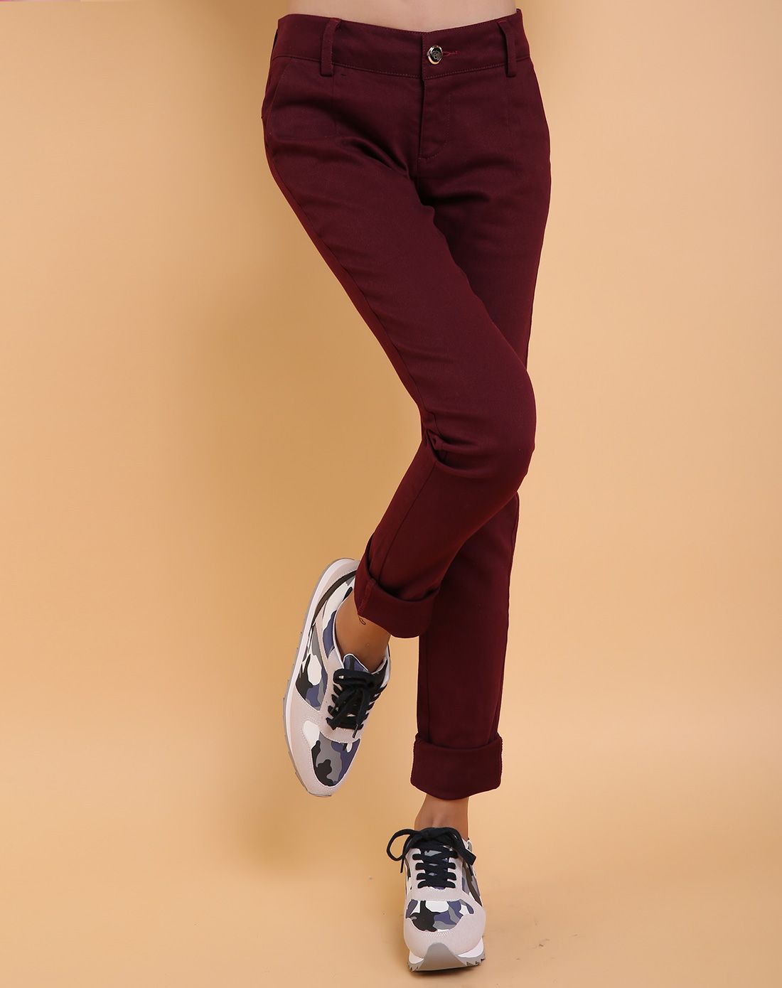 sanfu女款枣红色通勤素雅休闲长裤