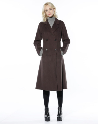 深咖色长款双排扣大裙摆双面呢大衣