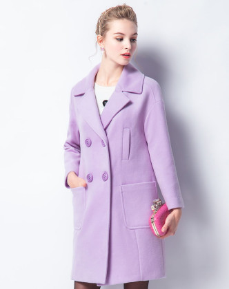 浅紫色翻领长款毛呢外套大衣