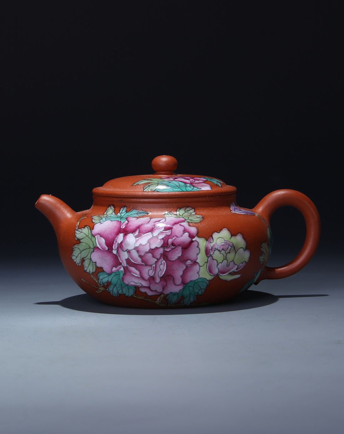 牡丹仿古壶釉上彩宜兴紫砂朱泥